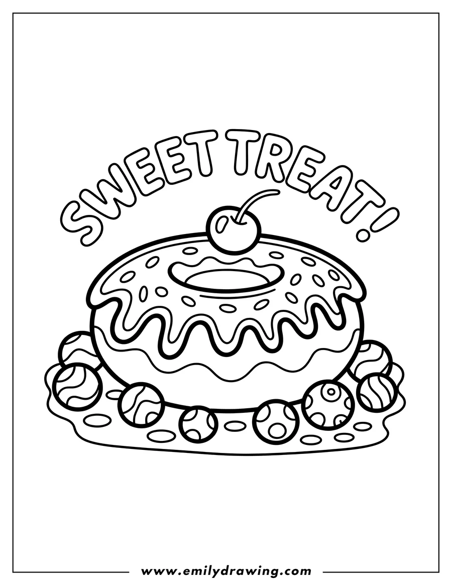 Line art of a donut with icing, sprinkles, and a cherry on top, sitting above several decorated candies.