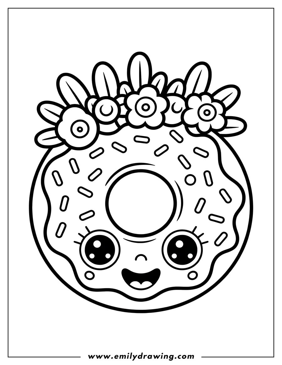 Outline of a happy donut with sprinkles and a crown of flowers.