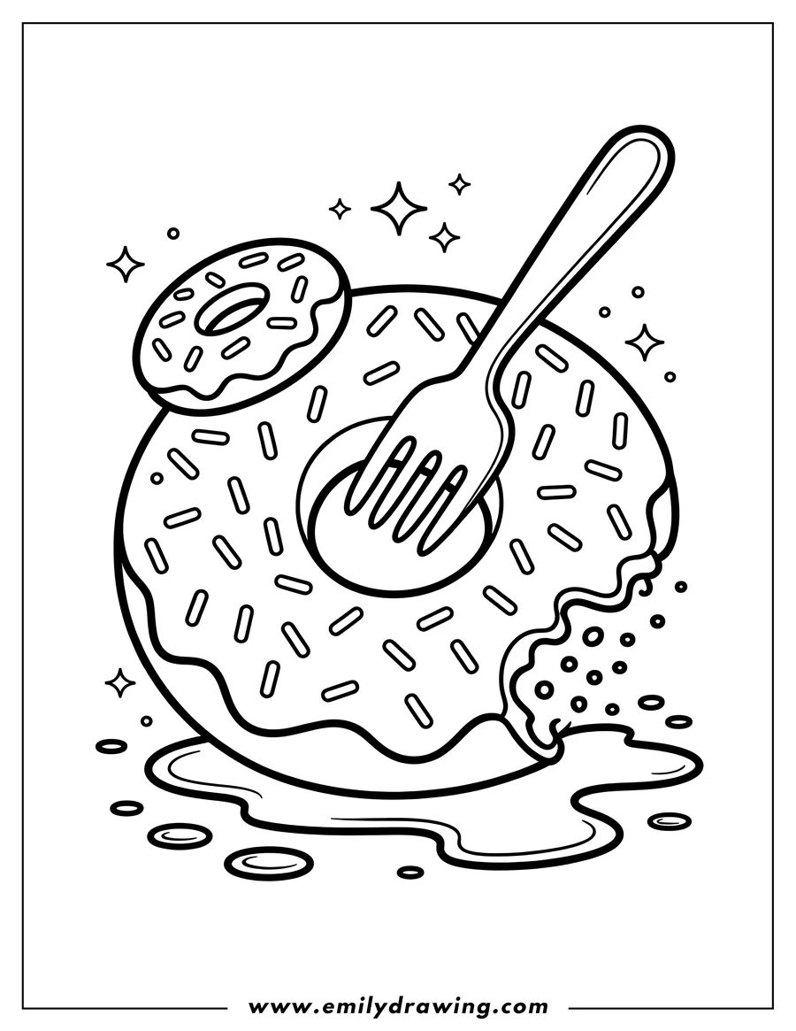 Line art of a large donut with sprinkles and a bite taken out of it. A fork is stuck in the donut, and a smaller donut floats above. Icing drips from the larger donut.