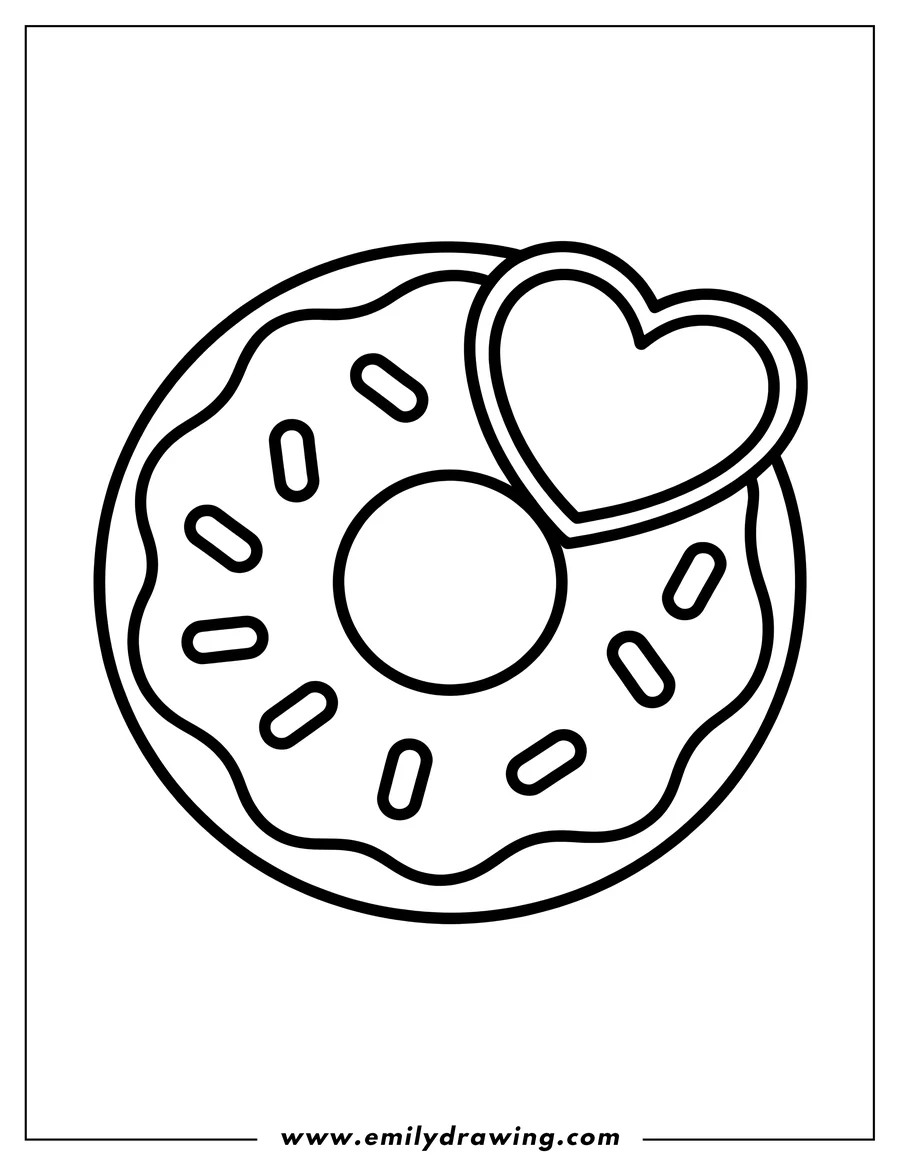 Outline of a donut with sprinkles and a heart on top.