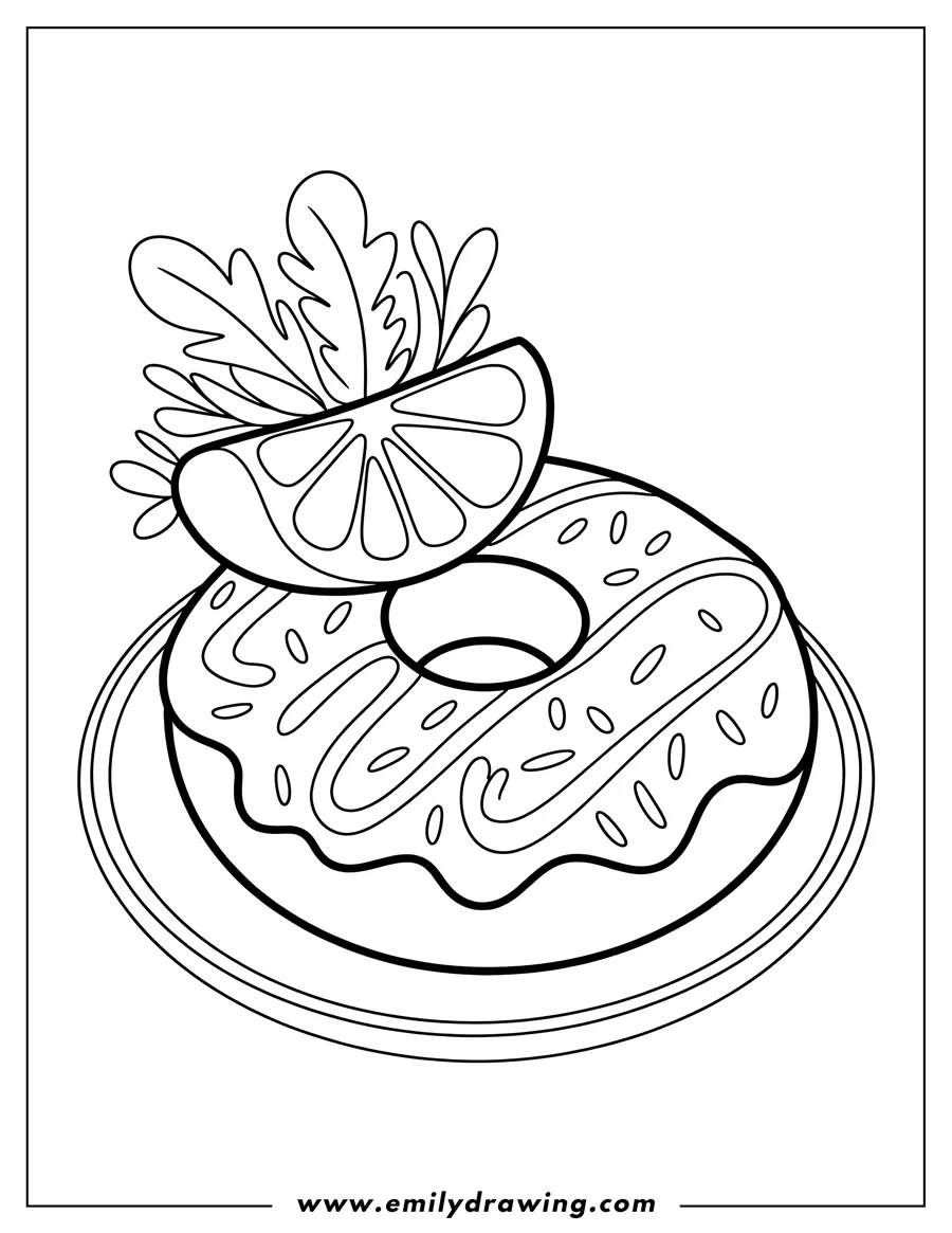 Outline of a donut with icing, sprinkles, and a lemon slice on a plate.