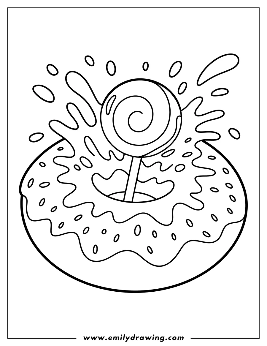 Line art of a donut with icing, sprinkles and a lollipop.