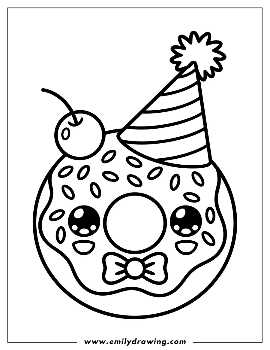 Outline of a donut wearing a party hat and topped with a cherry.