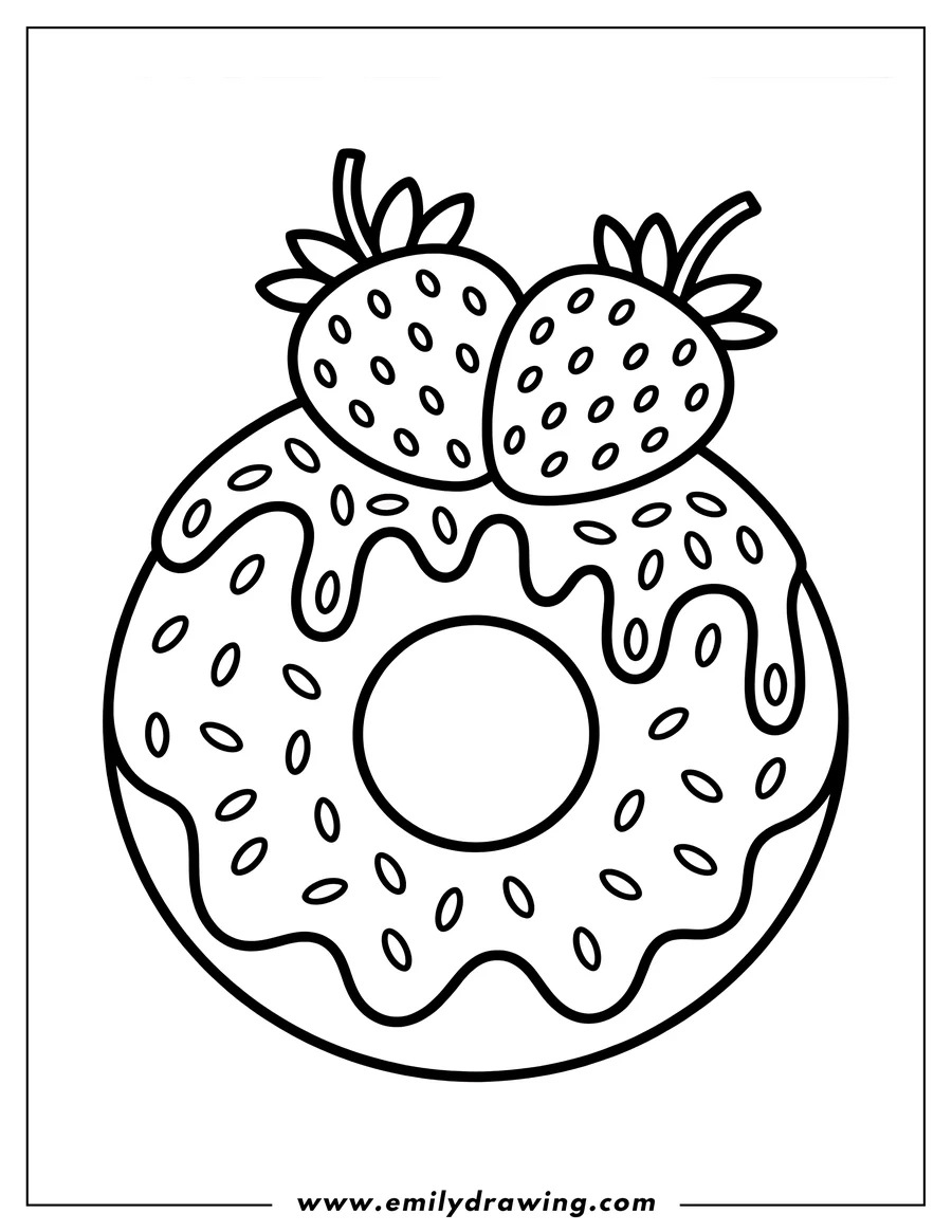 Outline of a donut with sprinkles, icing, and two strawberries on top.
