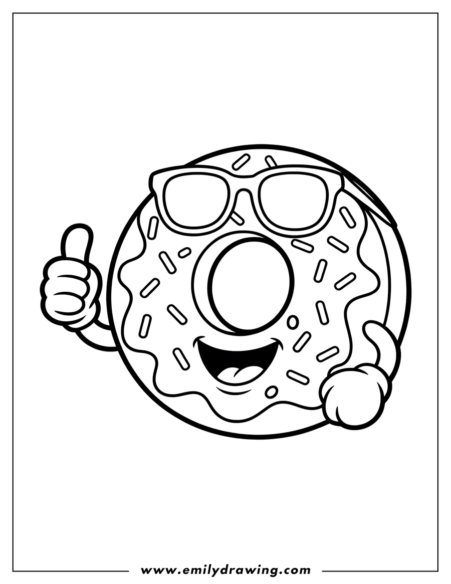 Line art of a donut wearing sunglasses and giving a thumbs up. It's ready to be colored!