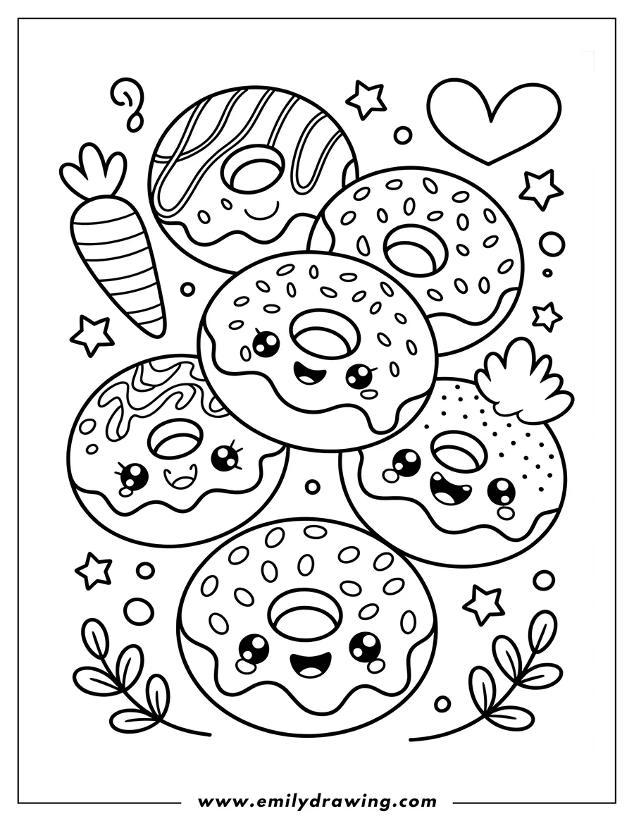Outline of five kawaii donuts with various frosting designs, a carrot, a heart, stars, and decorative leaves.