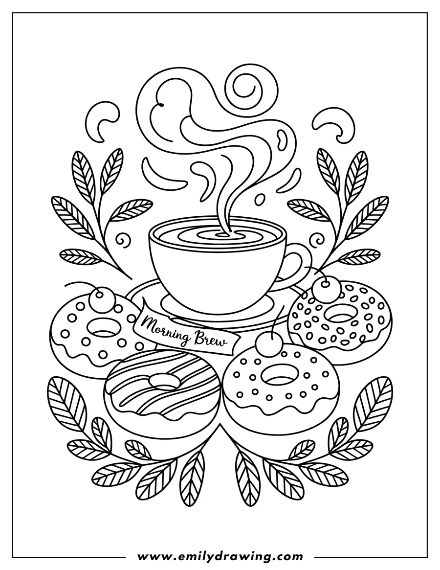 Line art of donuts and a cup of coffee, surrounded by decorative leaves and steam rising from the coffee. The donuts have cherries and various toppings.