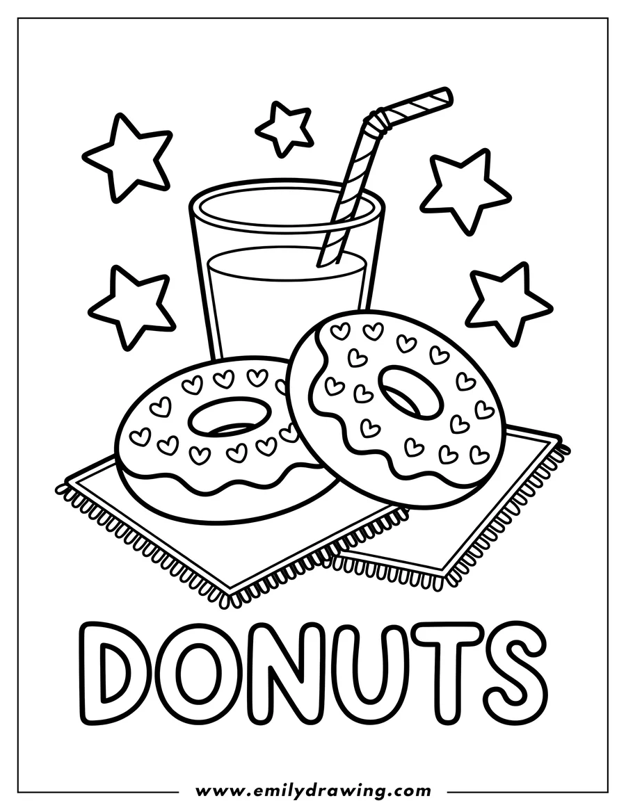 Outline of two donuts with heart sprinkles on a napkin next to a glass with a straw and stars.