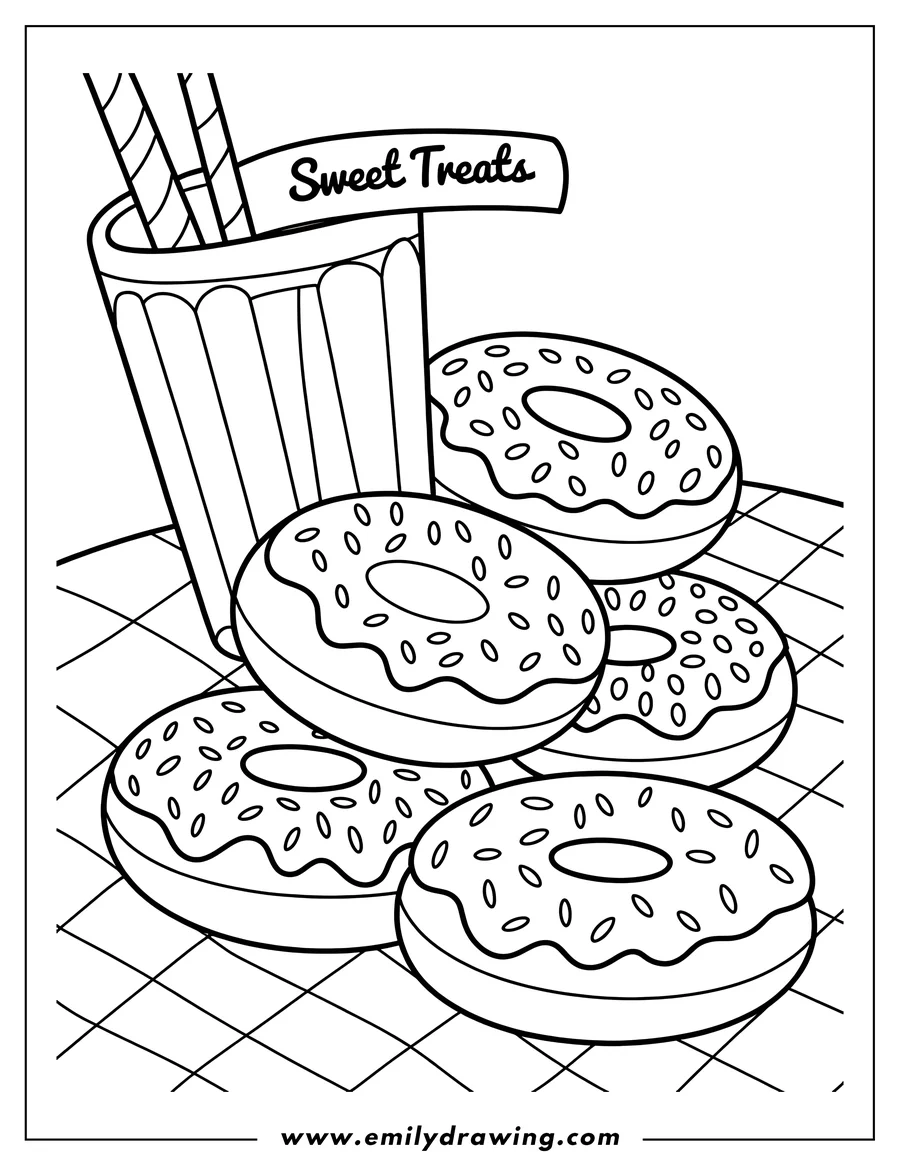 Outline of several donuts with sprinkles and a milkshake with striped straws.