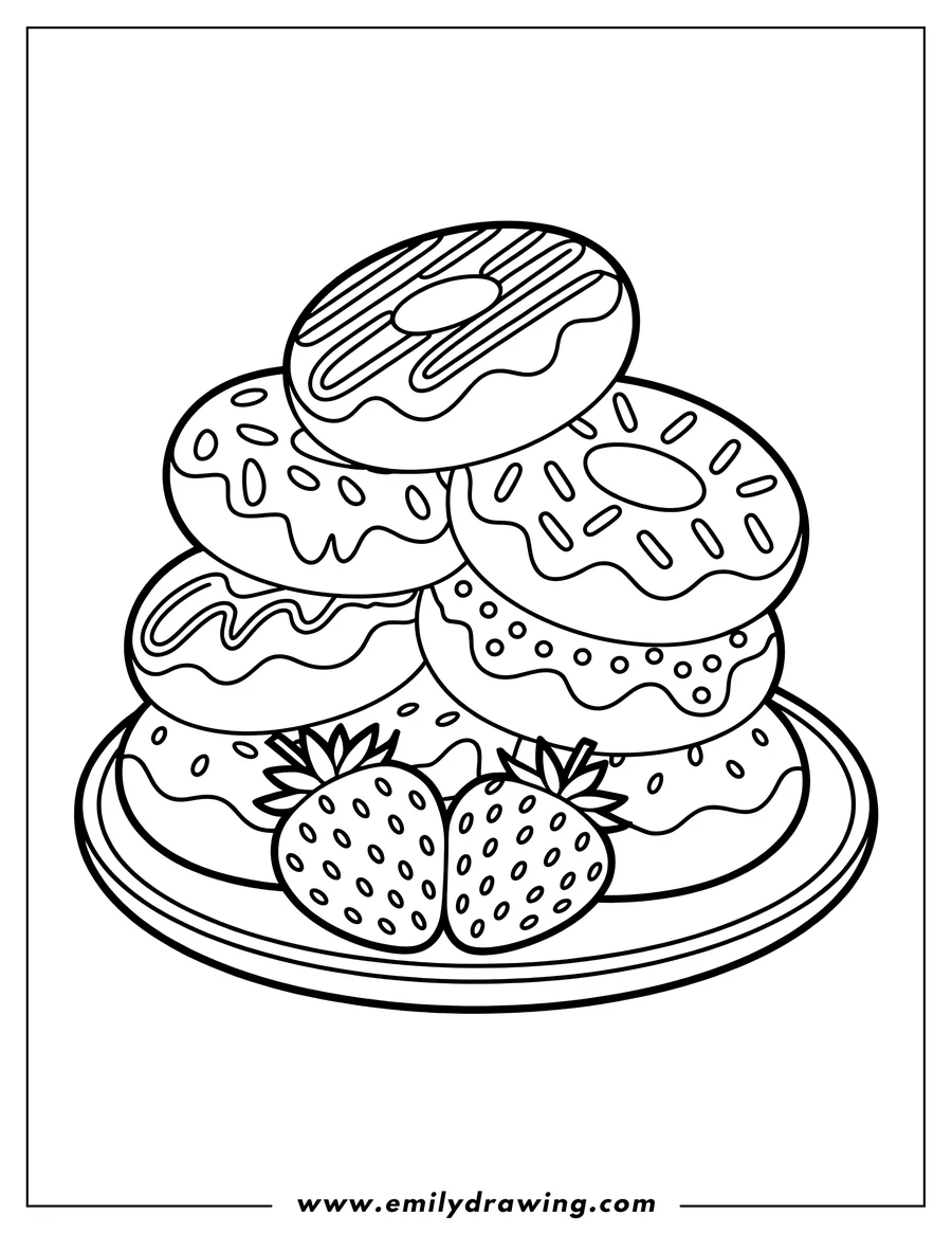 Line art of several donuts stacked on a plate with two strawberries