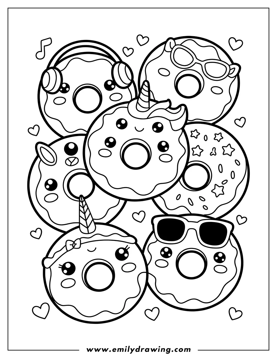 Line art of a group of cute donuts with various decorations. One donut has a unicorn horn, another has sunglasses, and one is wearing headphones.