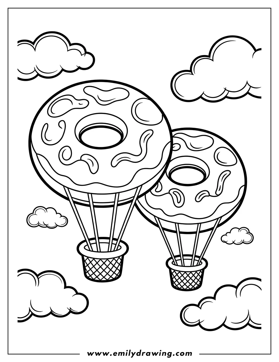 Line art of two donuts shaped like hot air balloons, floating among clouds.