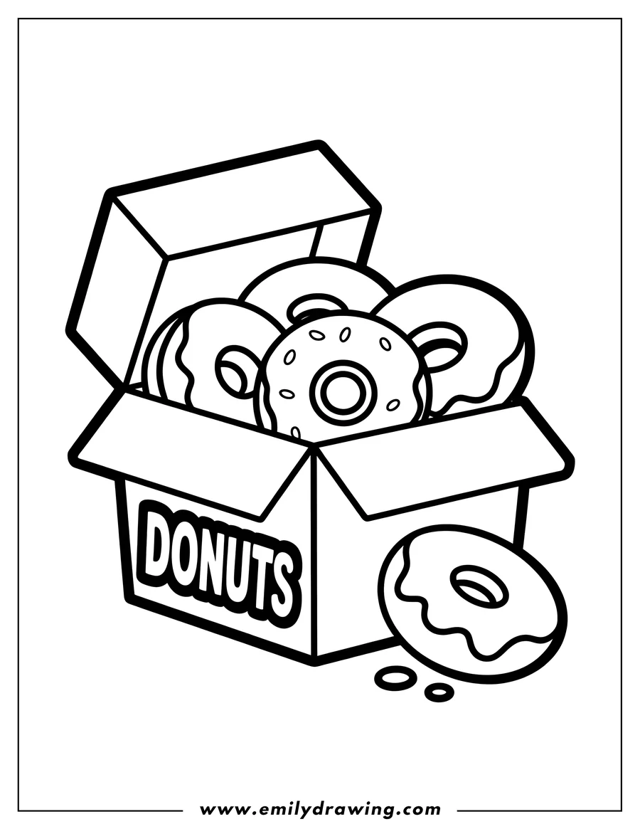 Outline of several donuts in a box, with one donut and sprinkles fallen out.