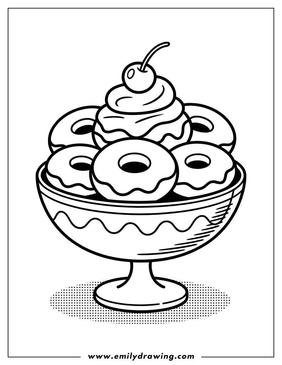 Line art of donuts in a dessert glass topped with a cherry.