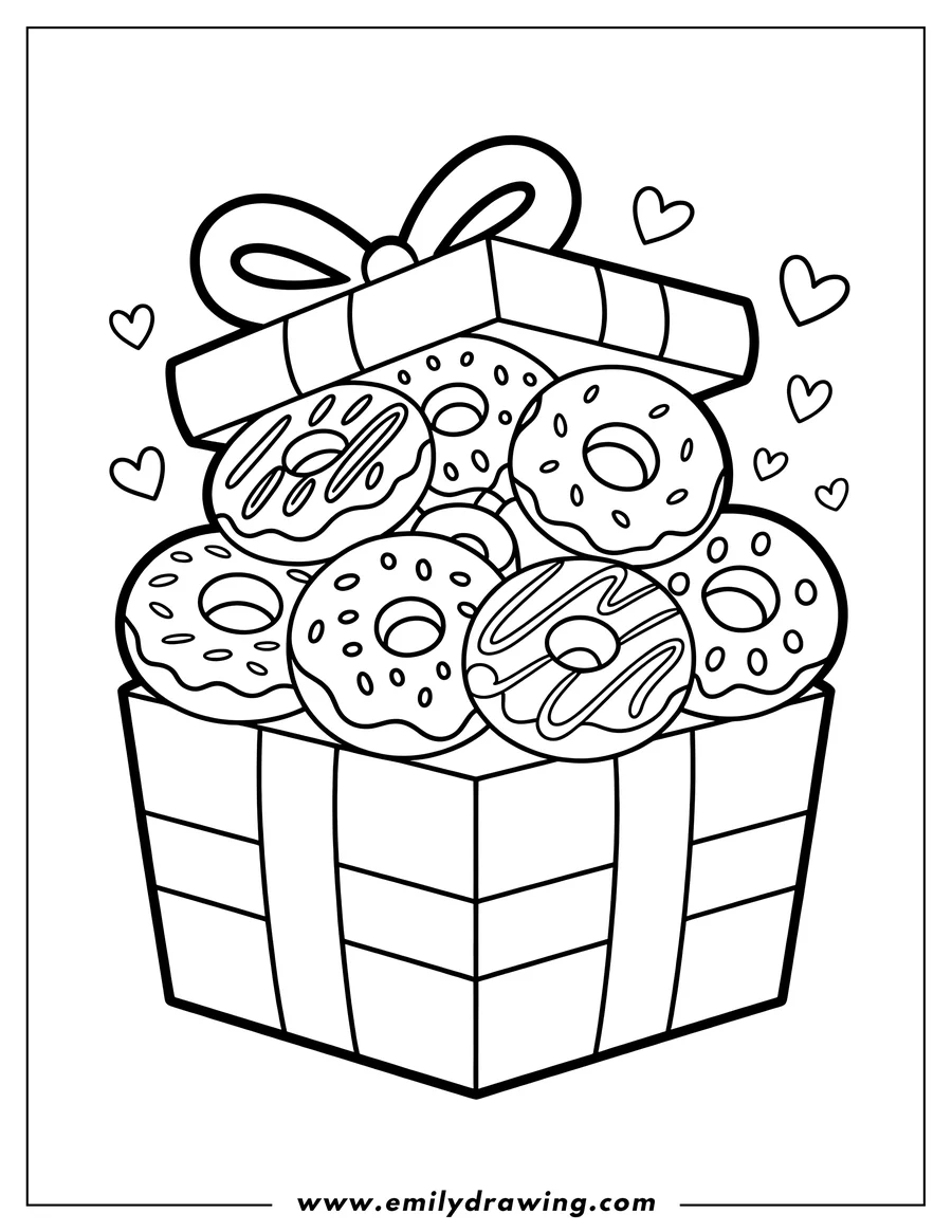 Outline of several donuts in an open gift box, topped with a bow and surrounded by small hearts.