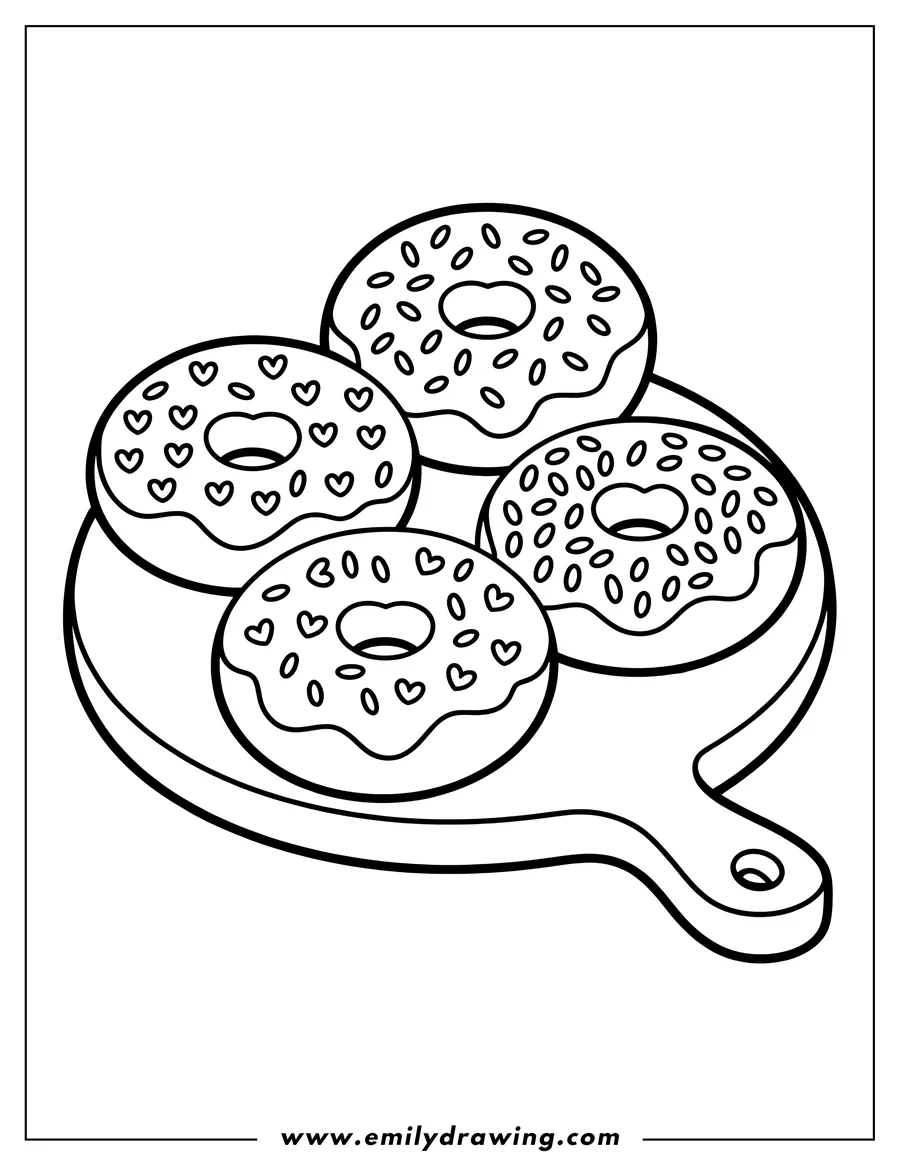 Outline of four donuts on a cutting board. Two donuts have sprinkles, and two have heart shapes.