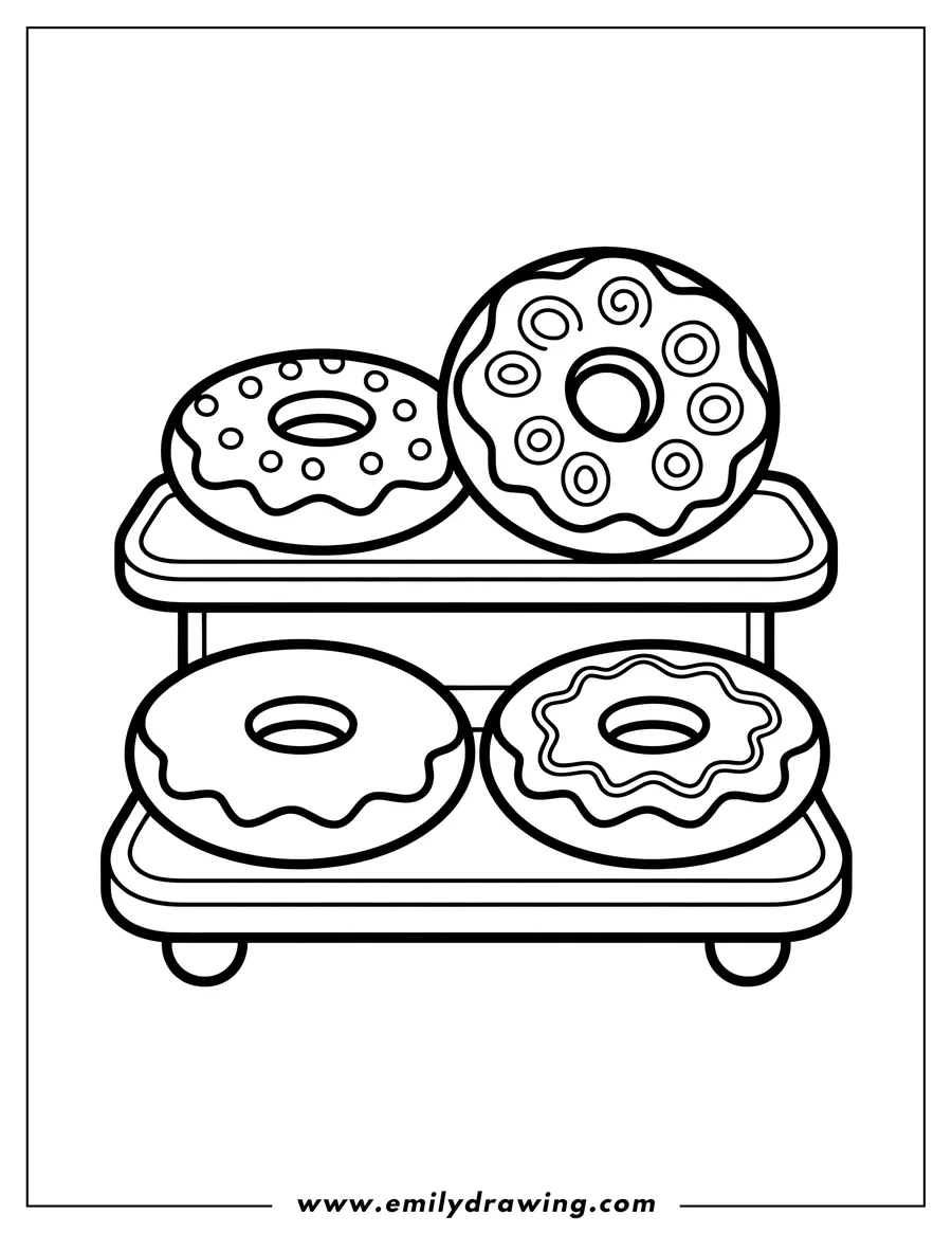 Outline of four donuts with various toppings arranged on a two-tiered tray.
