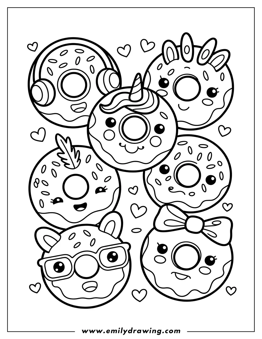 Line art of six kawaii-style donuts with various accessories and expressions, including headphones, a unicorn horn, bunny ears, glasses, and a bow.