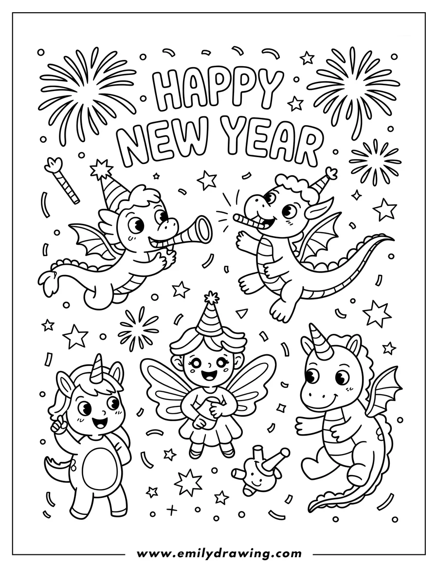 Outline of two dragons, two unicorns, and a fairy celebrating New Year, wearing party hats, with fireworks, confetti, and noisemakers, with the text 'HAPPY NEW YEAR'.