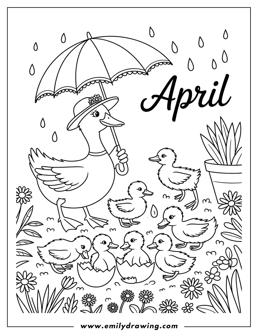 Line art of a mother duck holding an umbrella in the rain, surrounded by her ducklings, some of whom are hatching from eggs. Flowers and a potted plant are also present, along with the word 'April'.