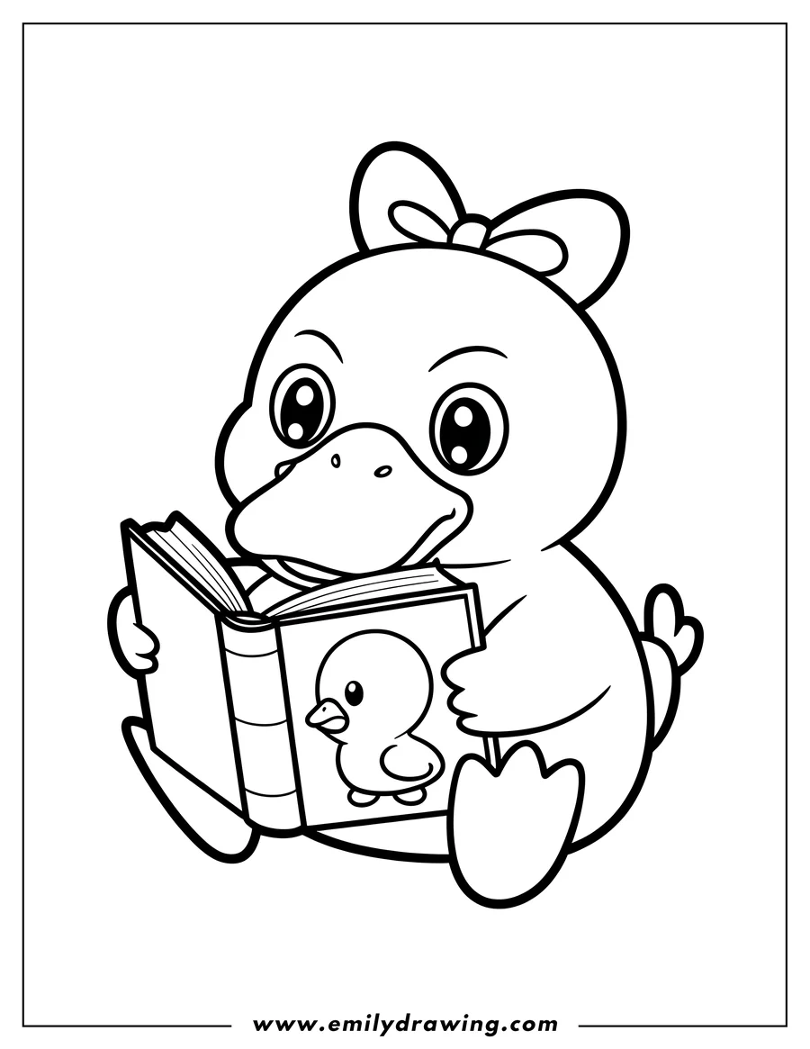 Outline of a cute duck wearing a bow, sitting and reading an open book.