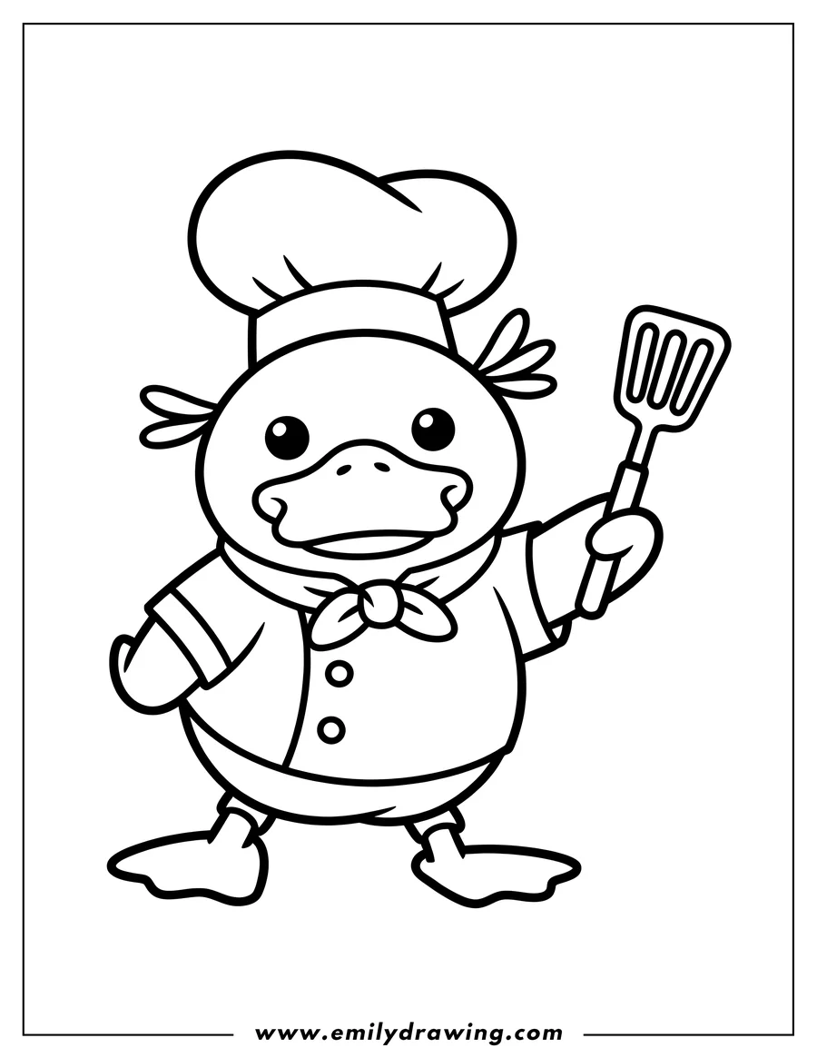 Line art of a cartoon duck dressed as a chef, wearing a chef's hat and coat, holding a spatula in its right hand.