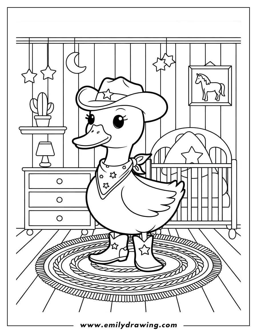 Line art of a cartoon duck wearing a cowboy hat and cowboy boots with star decorations, standing on a braided rug in a room with a crib and dresser.
