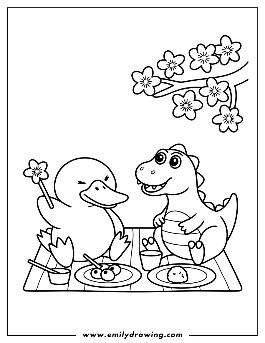 Line art of a duck and a dinosaur sitting at a picnic table with food, under a branch of cherry blossoms.