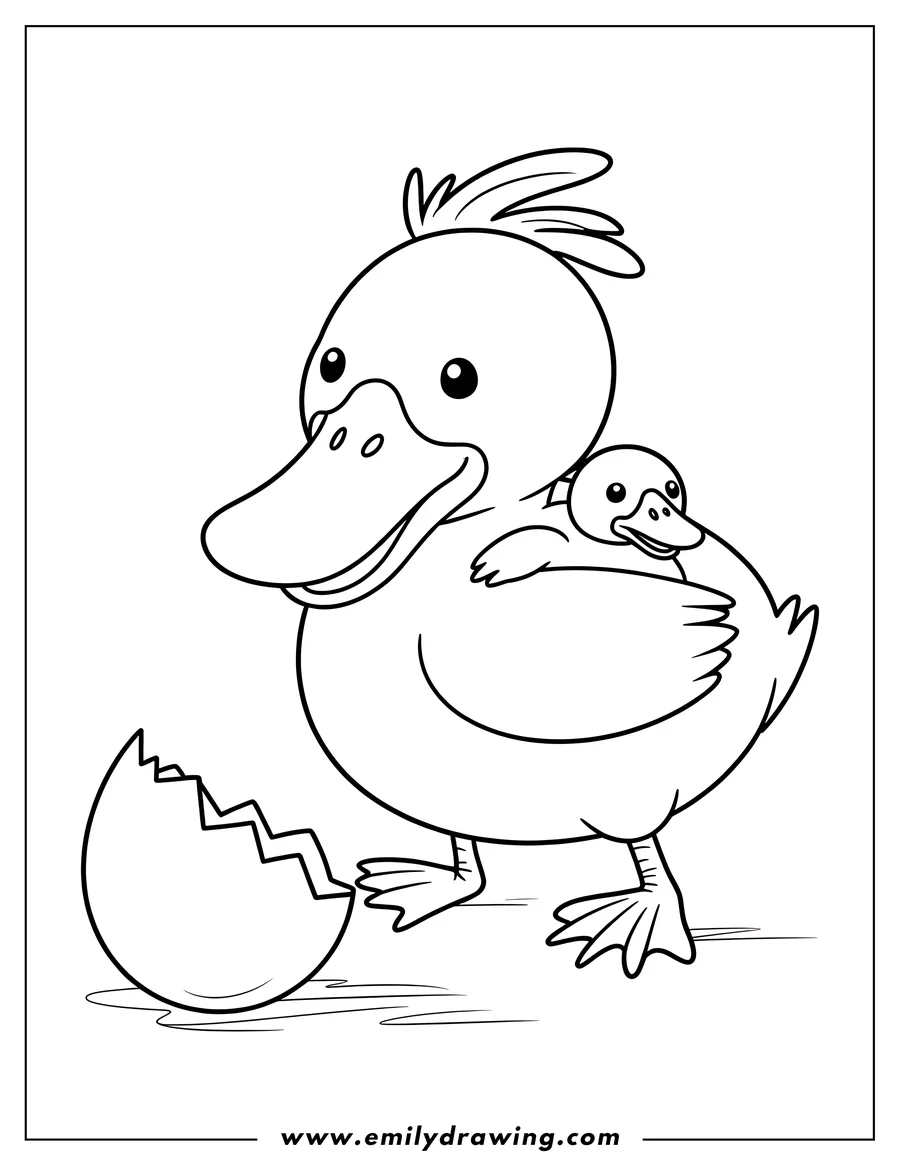 Line art of a large duck with a small duckling riding on its back, standing next to a broken eggshell.