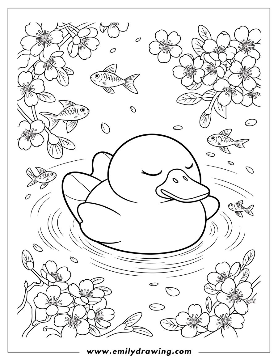 Outline of a sleepy duck floating in water with ripples, surrounded by small fish and blooming cherry blossom branches on all sides.