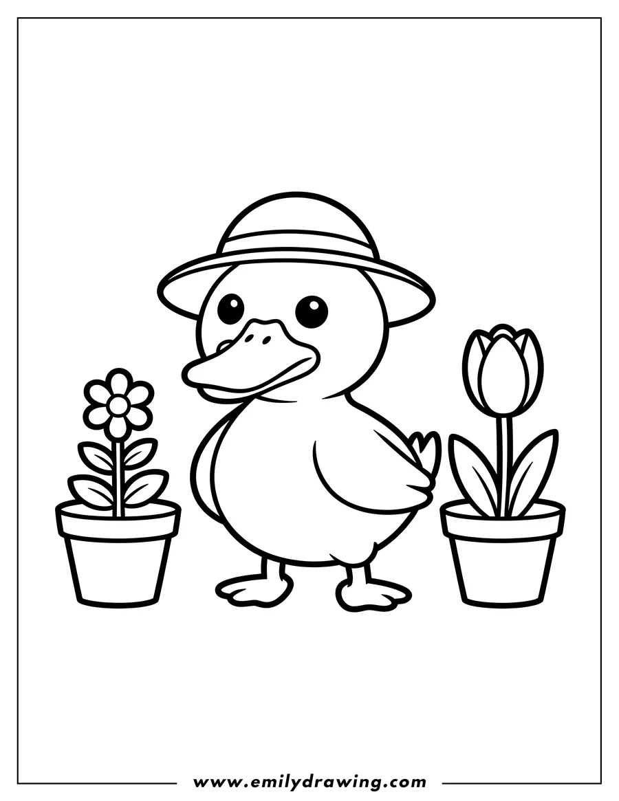 Line art of a duck wearing a hat, standing between two potted flowers, one a daisy and the other a tulip.