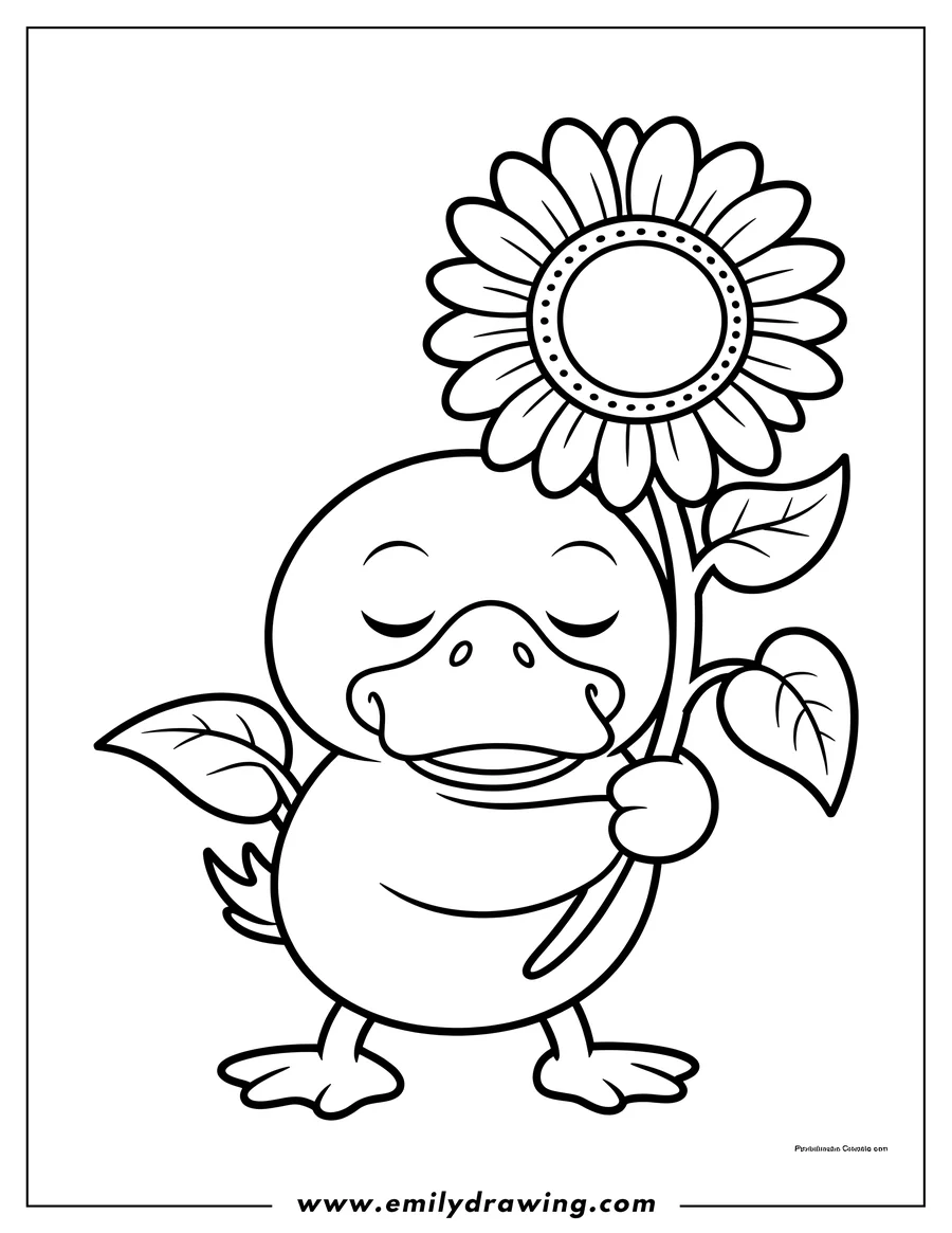 Line art of a cartoon duck with closed eyes, happily holding a large sunflower with leaves.