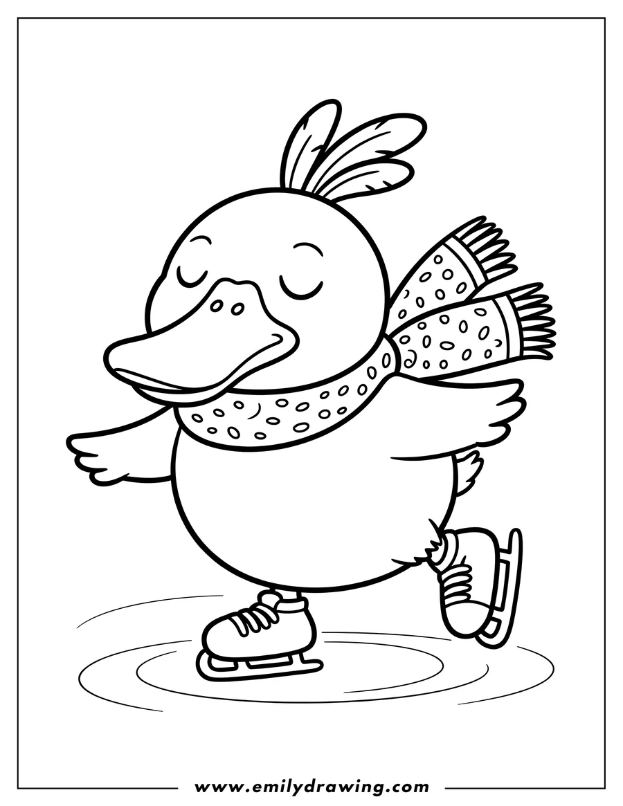 Line art of a cheerful duck with closed eyes, wearing a patterned scarf and ice skating.