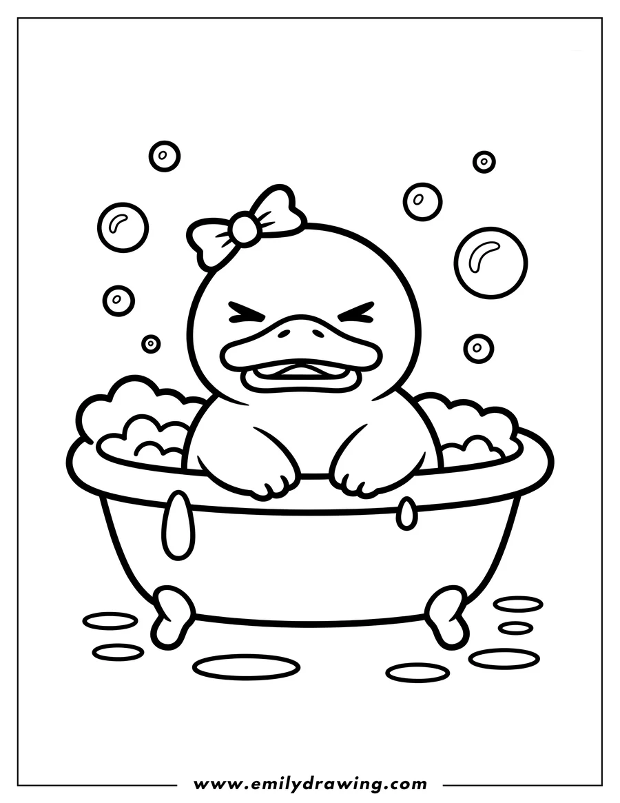 Outline of a cartoon duck with a bow on its head, sitting in a bathtub filled with bubbles and more bubbles floating around it.