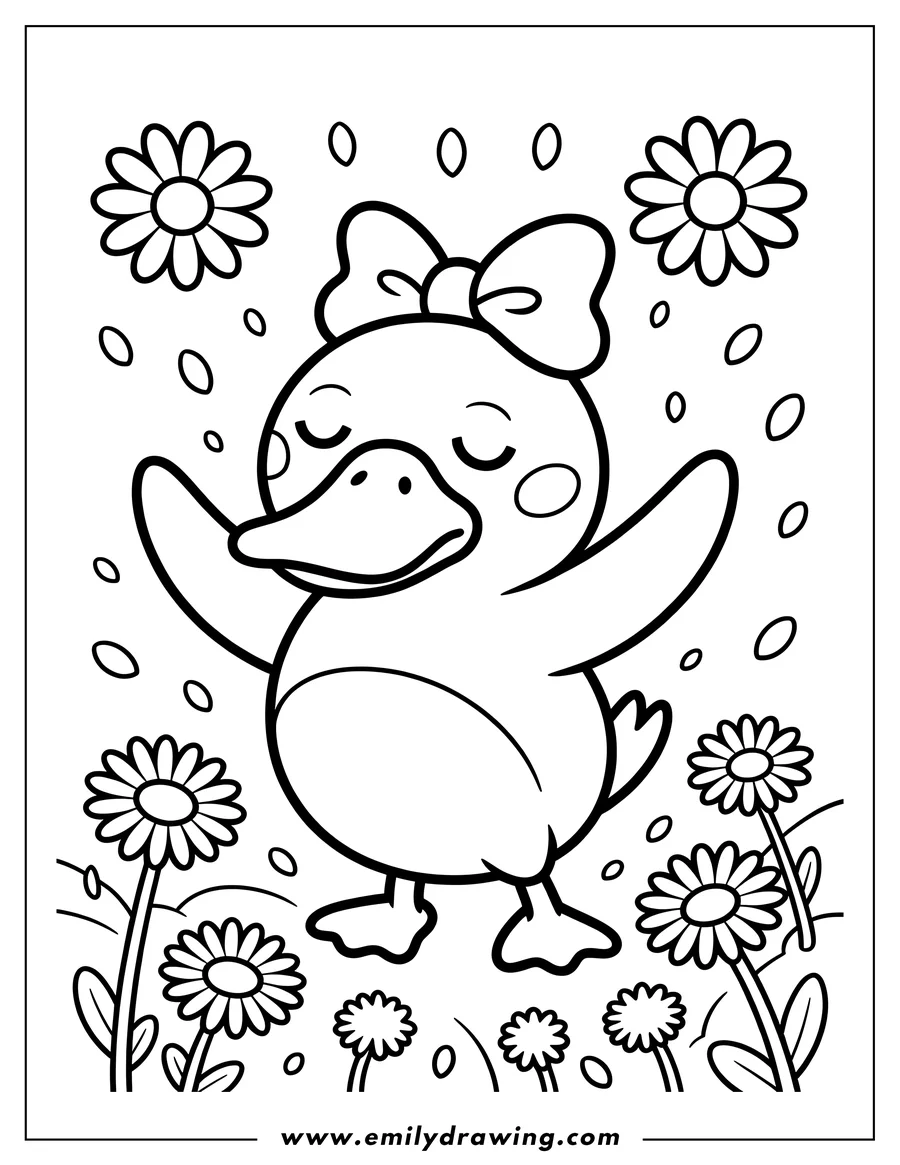 Outline of a cheerful duck with a large bow on its head, standing amidst various flowers and small ovals floating around it.