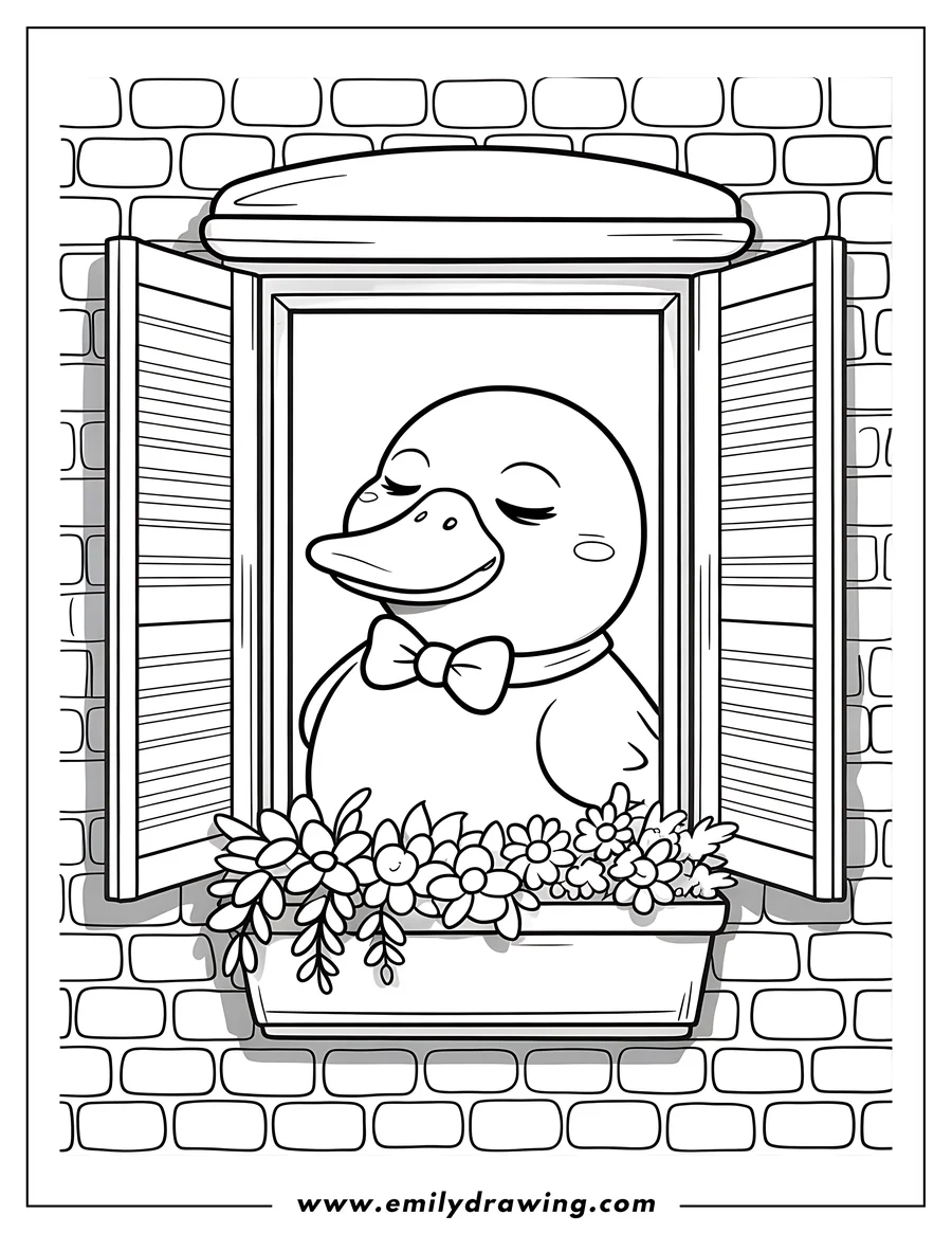 Line art of a duck wearing a bow tie, looking out from a window with a flower box below it, set against a brick wall.