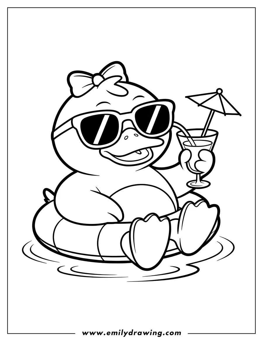 Line art of a cartoon duck wearing sunglasses and a bow, floating in an inner tube, and holding a drink with an umbrella.