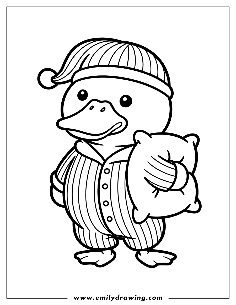 Outline of a cartoon duck wearing striped pajamas and a nightcap, holding a pillow under its wing