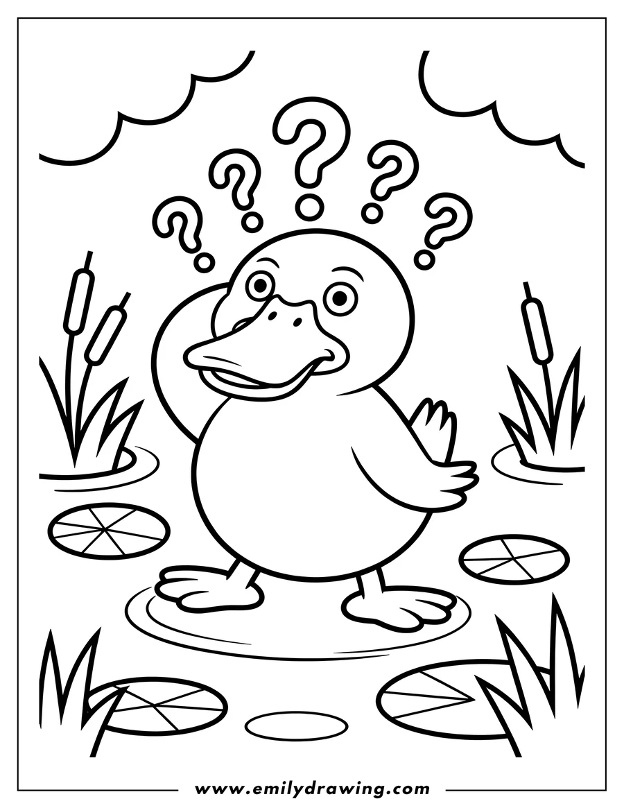 Outline of a confused duck standing in water, surrounded by question marks, cattails, and lily pads.