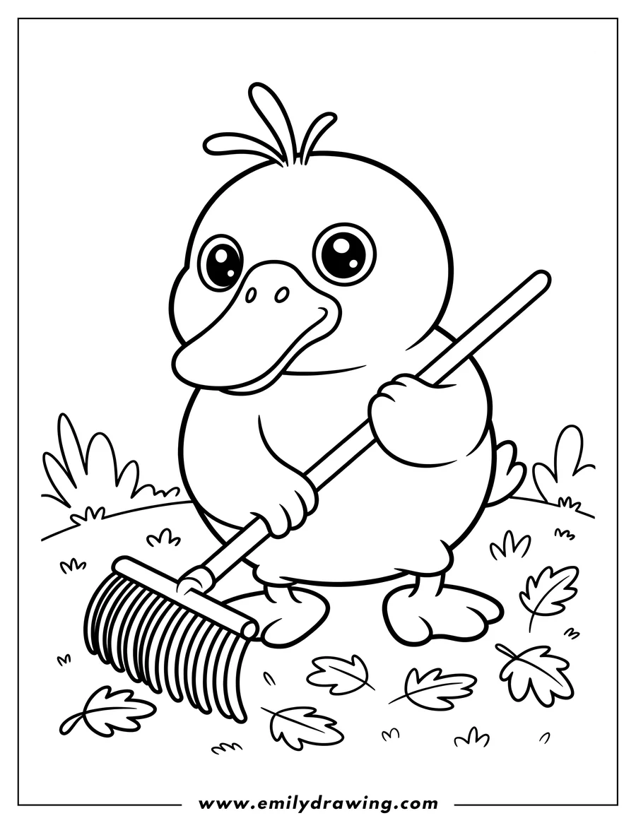 Outline of a cute duck holding a rake, with fallen leaves on the ground around it.