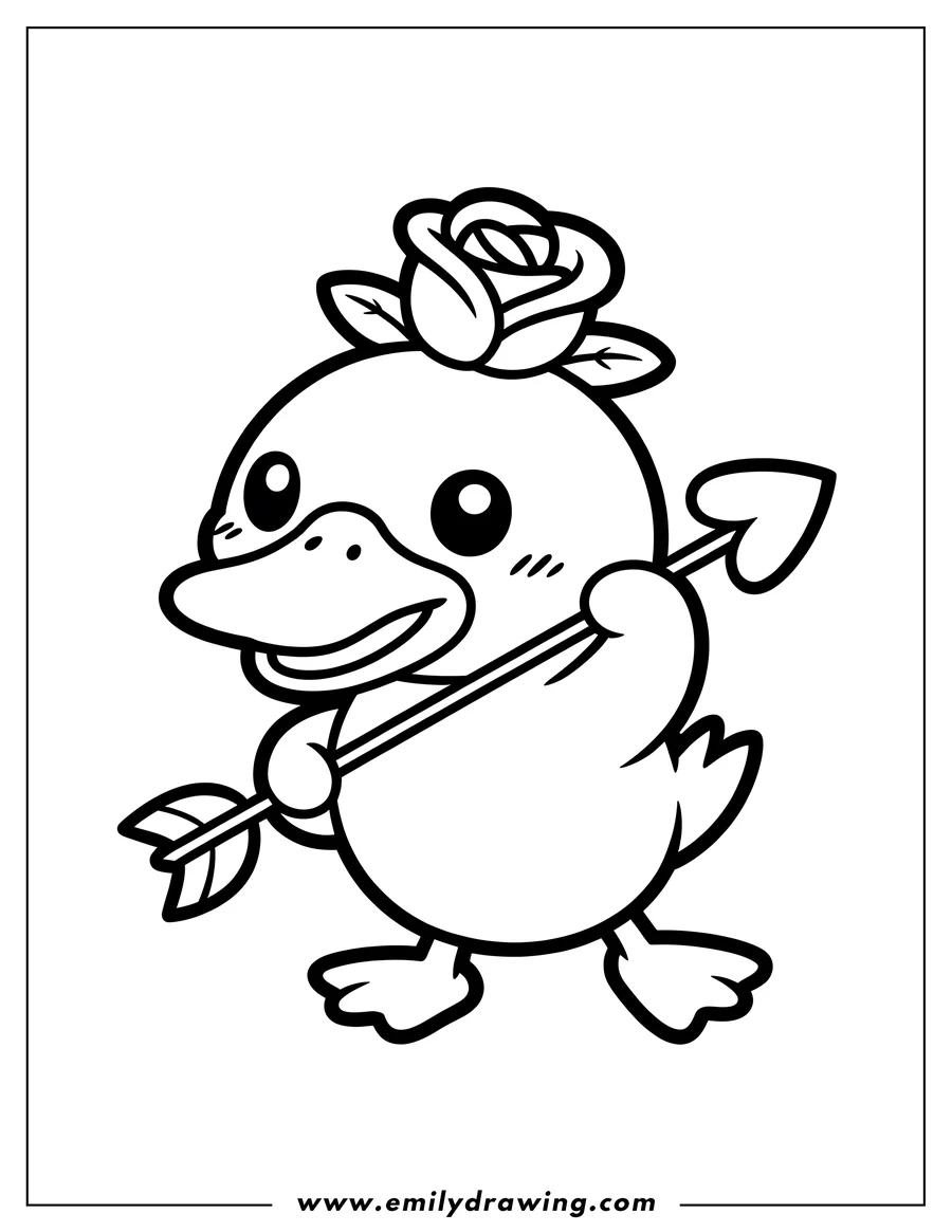 Outline of a cartoon duck wearing a rose on its head and holding a heart-tipped arrow.