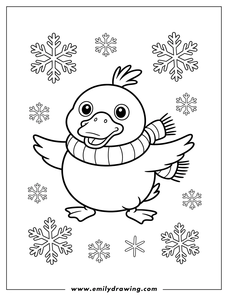 Outline of a cheerful duck wearing a striped scarf, surrounded by falling snowflakes.