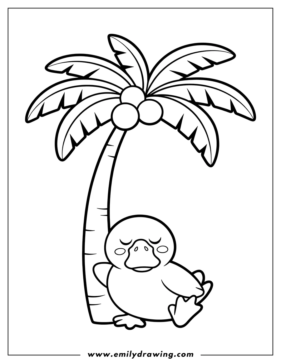 Outline of a cute duck with eyes closed, seemingly asleep, resting at the base of a tall palm tree with coconuts.