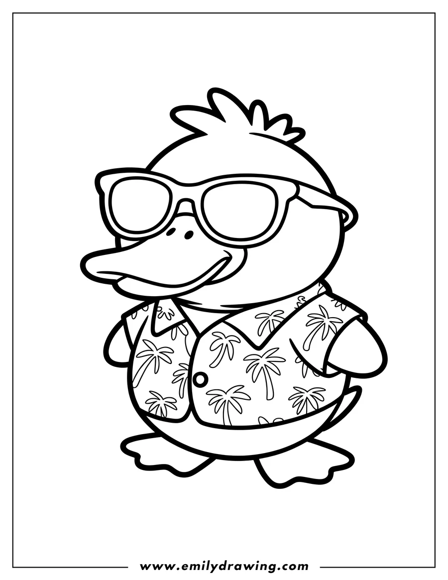 Outline of a cartoon duck wearing large sunglasses and a Hawaiian shirt with palm tree patterns.