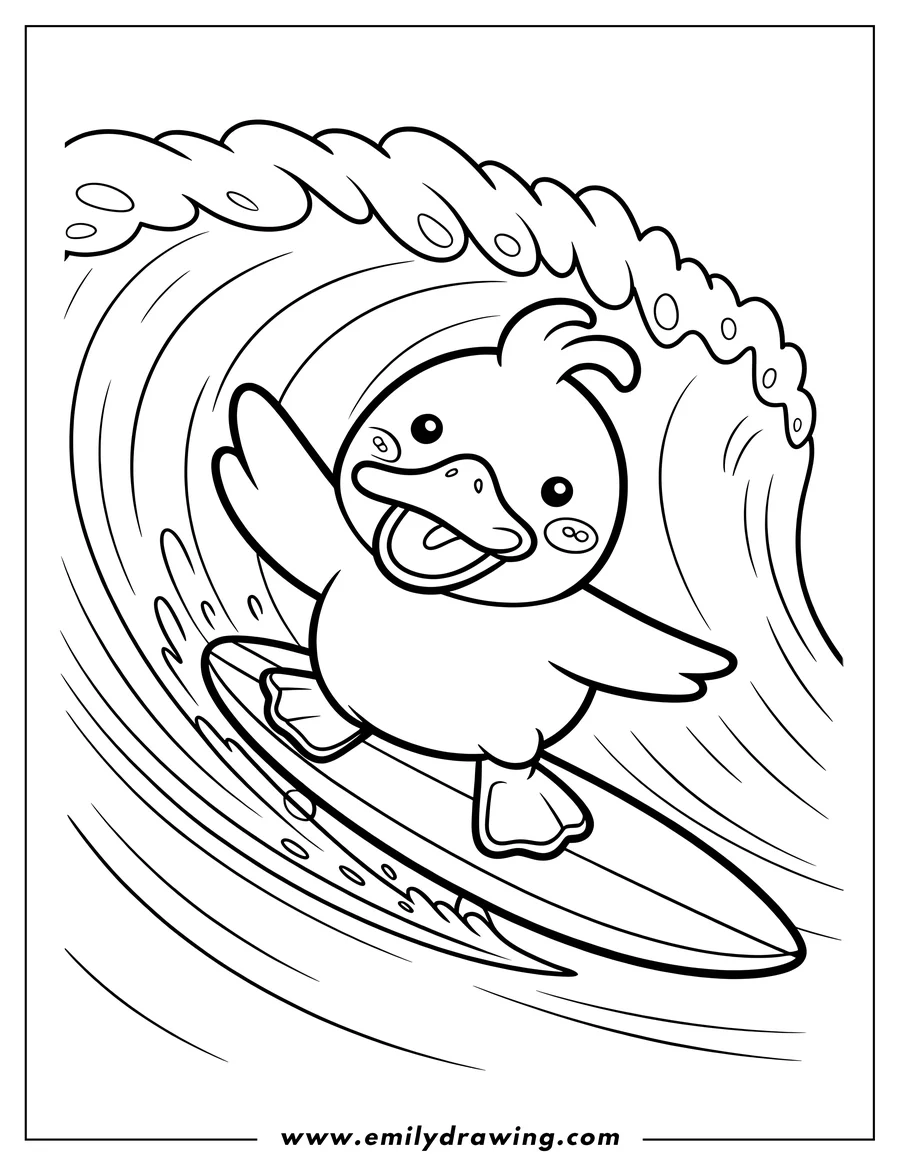 Line art of a cheerful duck cartoon character surfing on a large ocean wave with a surfboard.