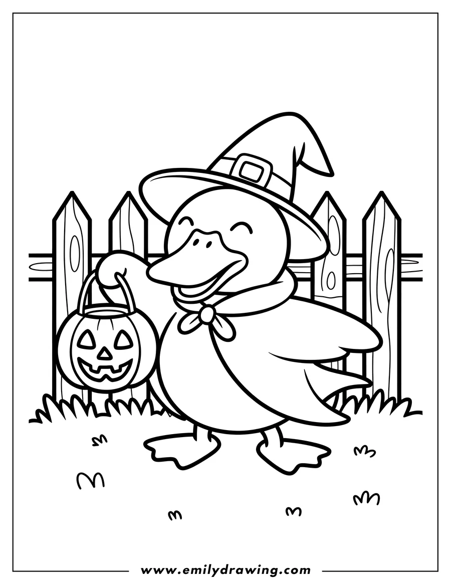 Line art of a cartoon duck wearing a witch hat and a cape, holding a jack-o-lantern candy pail. A wooden fence is in the background.