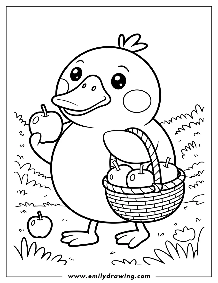 Line art of a cartoon duck holding an apple and carrying a basket full of apples, standing in grassy terrain.