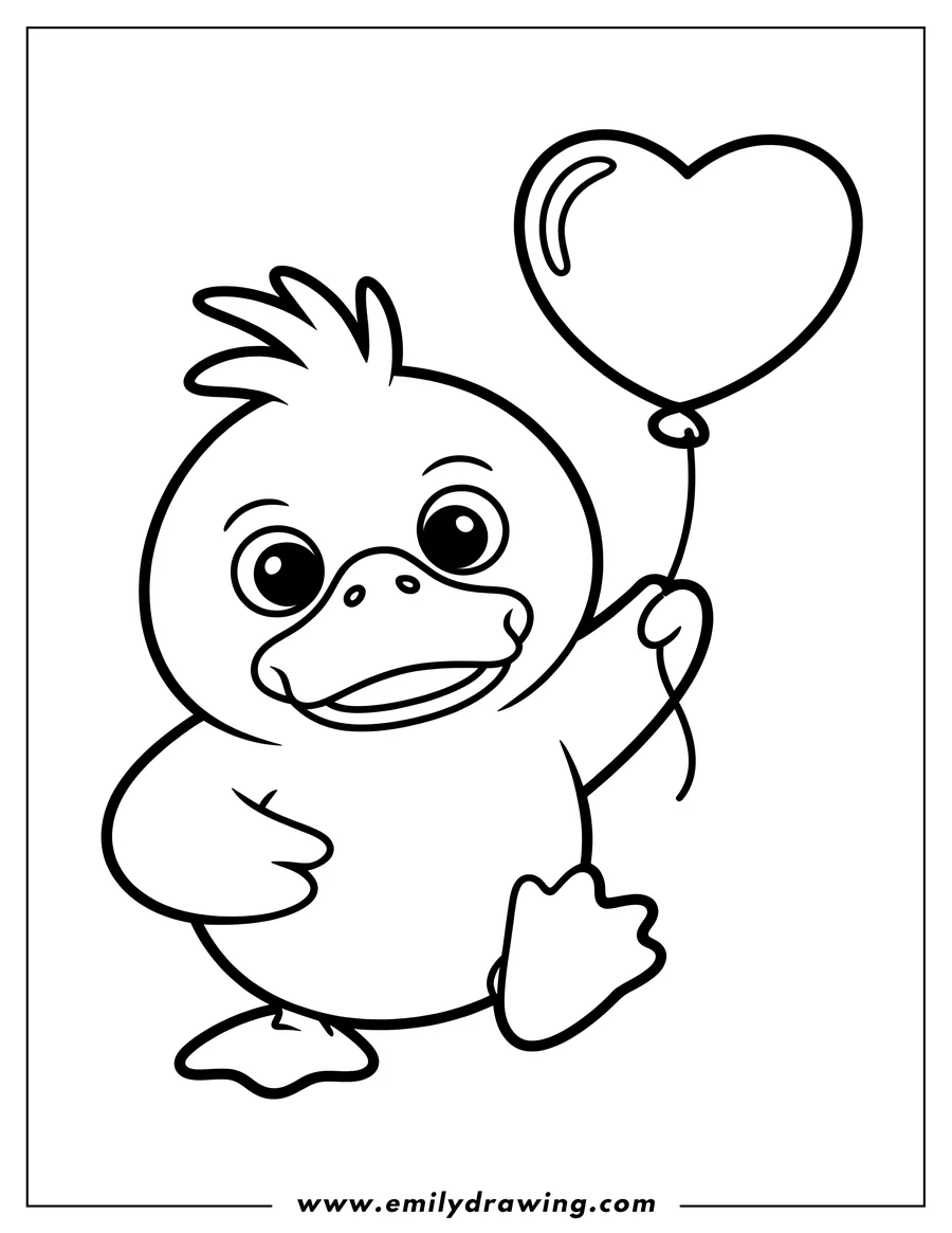 Outline of a cheerful duck holding a heart-shaped balloon