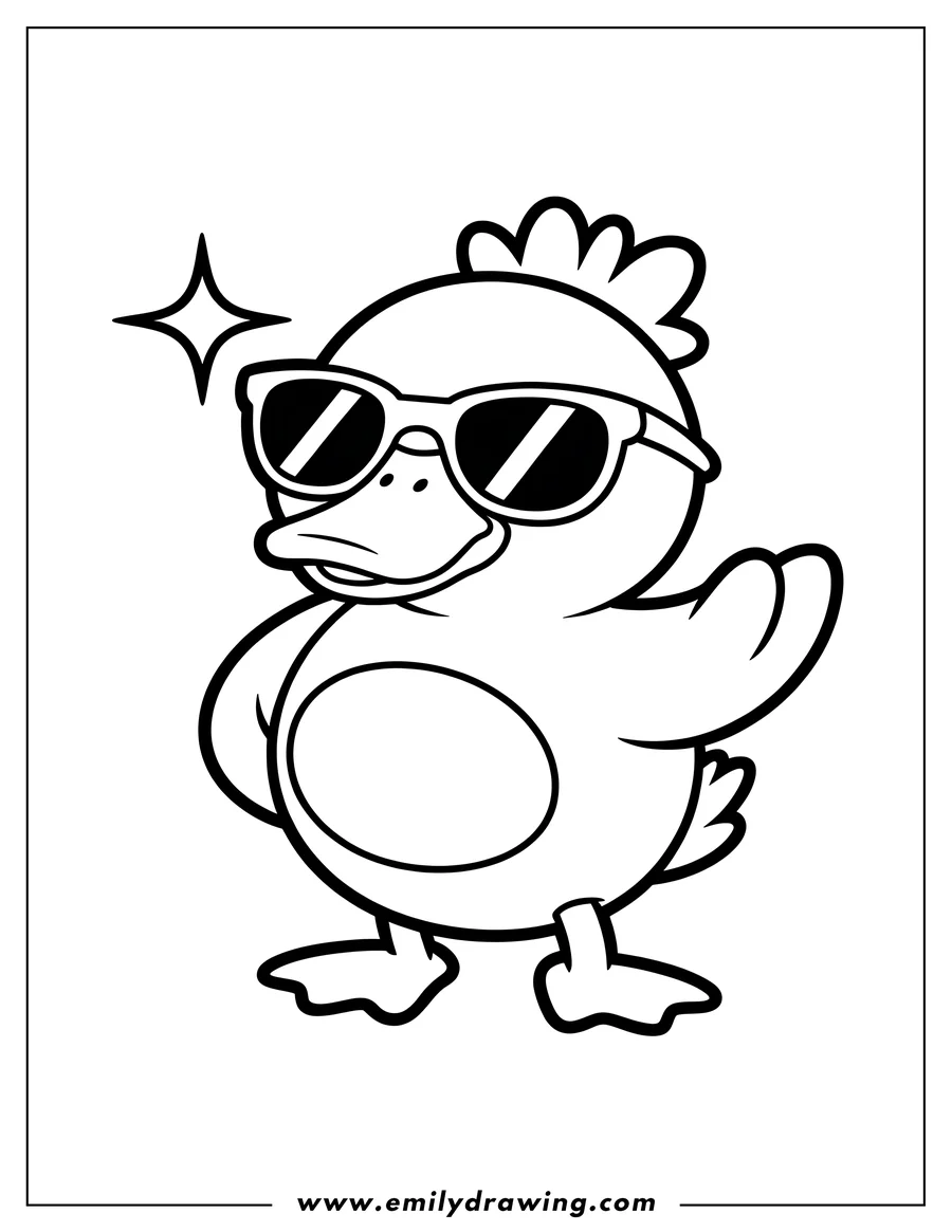 Outline of a cartoon duck wearing sunglasses, with one wing raised and a sparkle graphic next to its head.