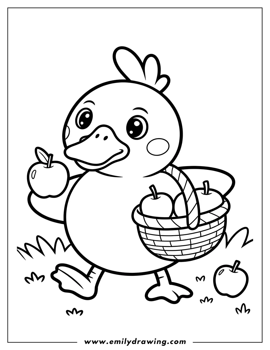 Outline of a cartoon duckling walking, holding an apple in one wing and a basket full of apples in the other, with an apple on the ground nearby.